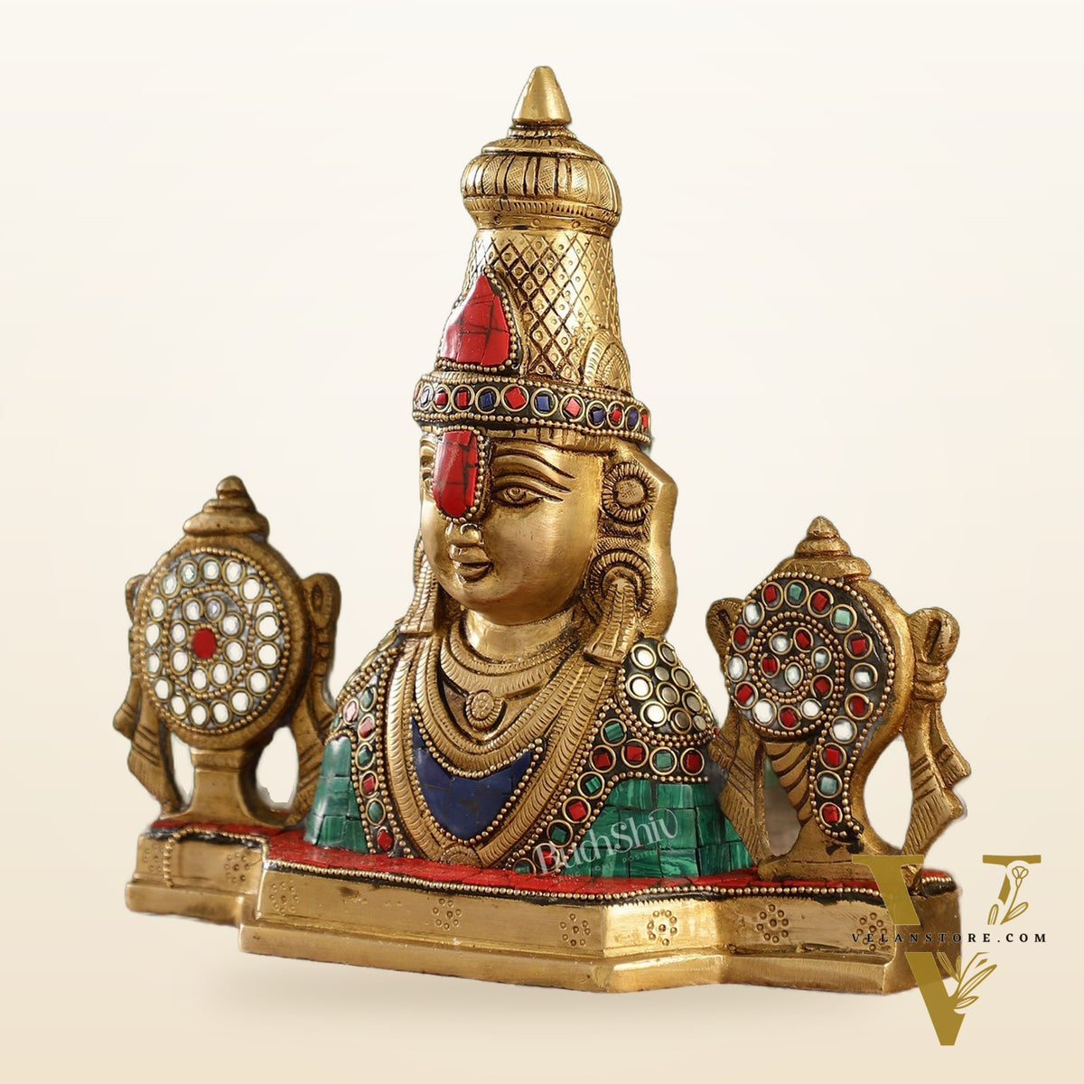 Brass Table Accent: Lord Tirupati Balaji Venkateshwara Swamy with Shankh Chakra | 8.5" Height