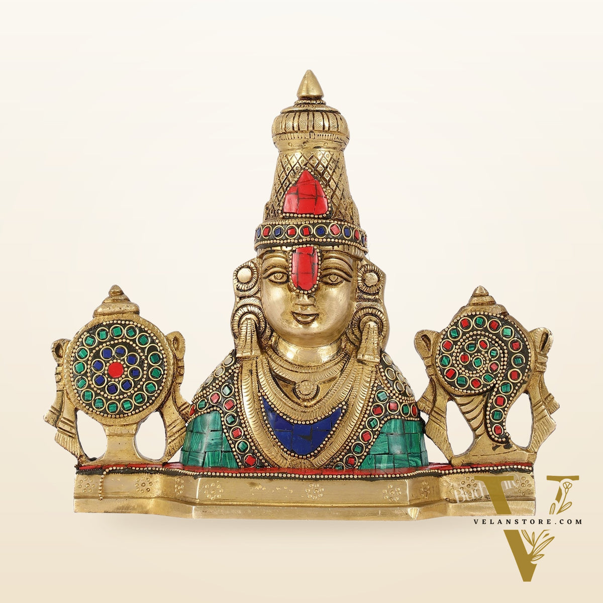 Brass Table Accent: Lord Tirupati Balaji Venkateshwara Swamy with Shankh Chakra | 8.5" Height