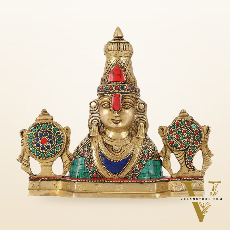 Brass Table Accent: Lord Tirupati Balaji Venkateshwara Swamy with Shankh Chakra | 8.5" Height