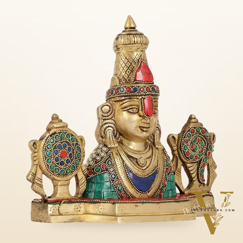 Brass Table Accent: Lord Tirupati Balaji Venkateshwara Swamy with Shankh Chakra | 8.5" Height
