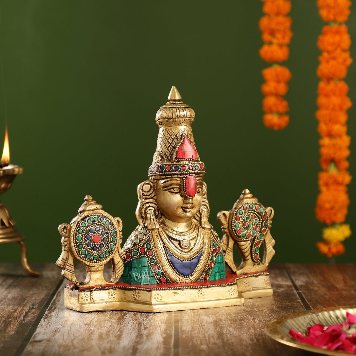 Brass Table Accent: Lord Tirupati Balaji Venkateshwara Swamy with Shankh Chakra | 8.5" Height