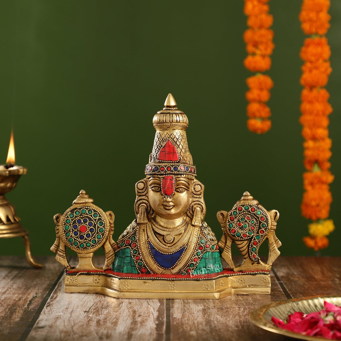 Brass Table Accent: Lord Tirupati Balaji Venkateshwara Swamy with Shankh Chakra | 8.5" Height