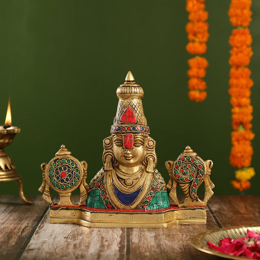 Brass Table Accent: Lord Tirupati Balaji Venkateshwara Swamy with Shankh Chakra | 8.5" Height