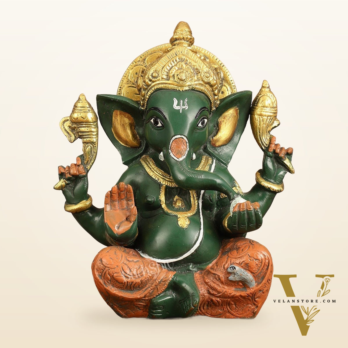 Brass Taj Ganesha Idol hand painted 8 Inch