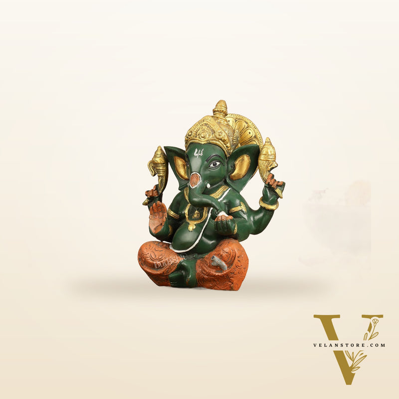 Brass Taj Ganesha Idol hand painted 8 Inch