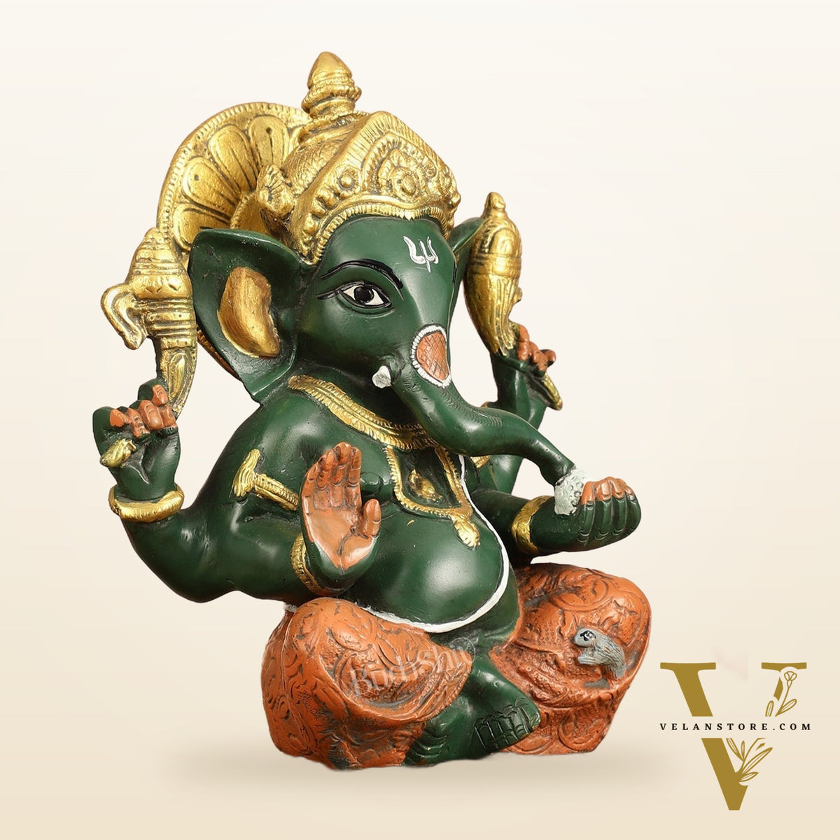 Brass Taj Ganesha Idol hand painted 8 Inch