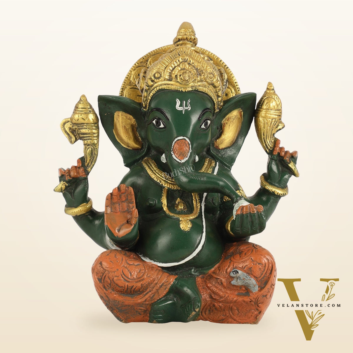 Brass Taj Ganesha Idol hand painted 8 Inch