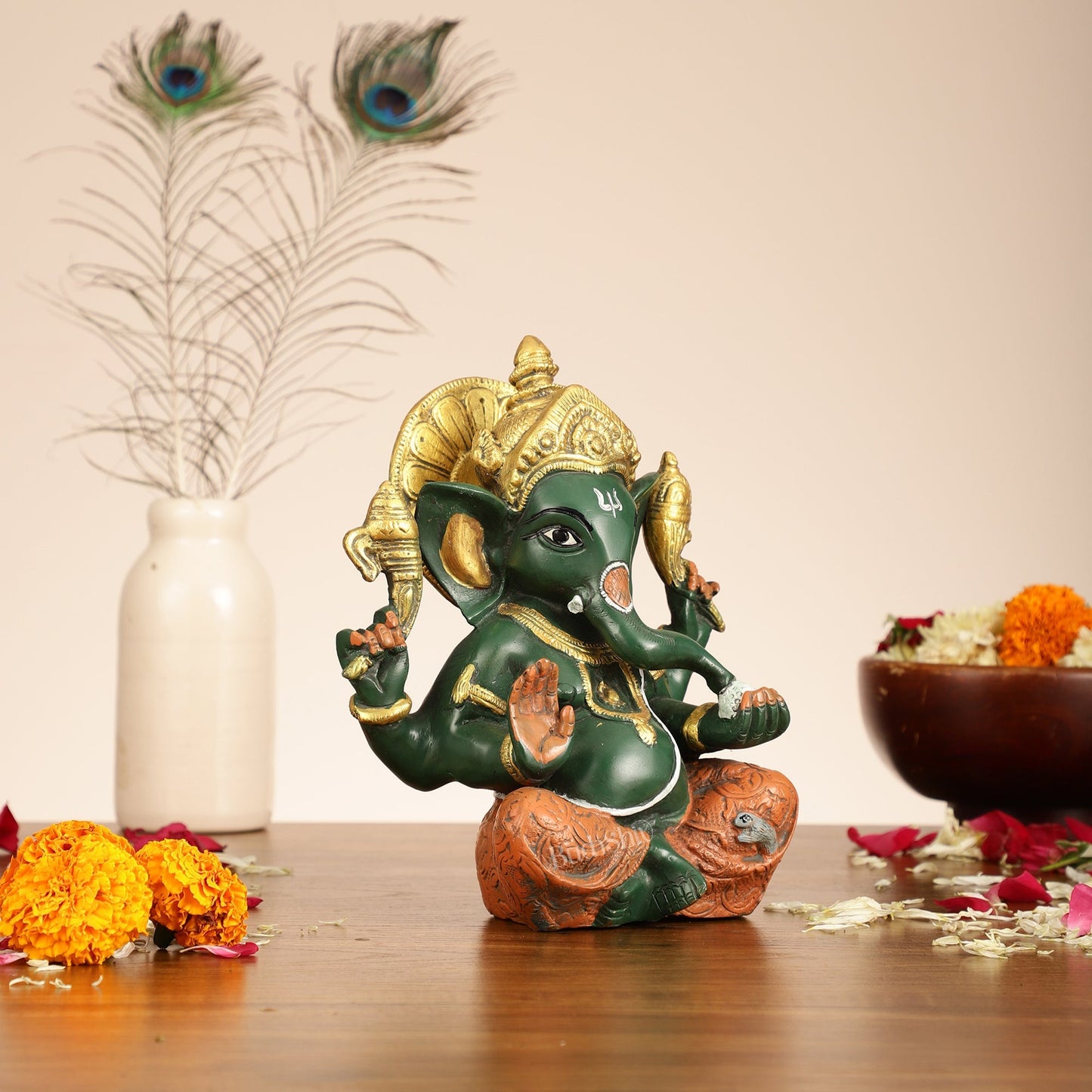 Brass Taj Ganesha Idol hand painted 8 Inch