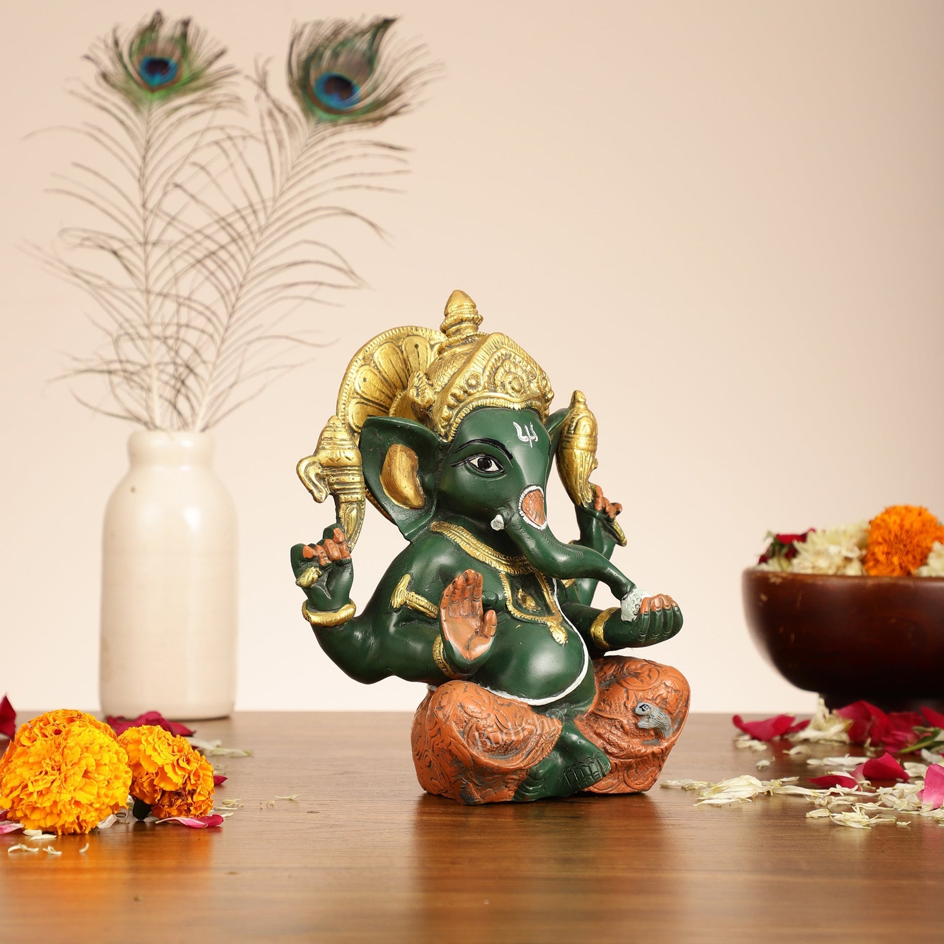 Brass Taj Ganesha Idol hand painted 8 Inch