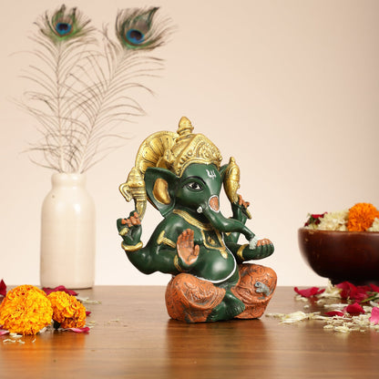 Brass Taj Ganesha Idol hand painted 8 Inch