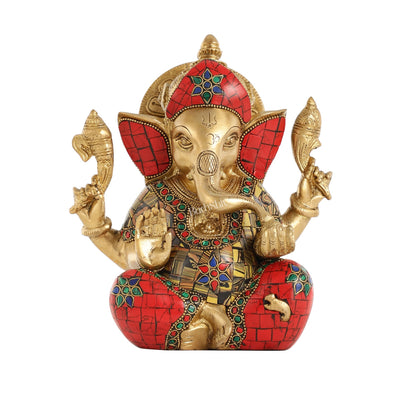 Brass Ganapati Idol with Sharp Features - 8 Inch