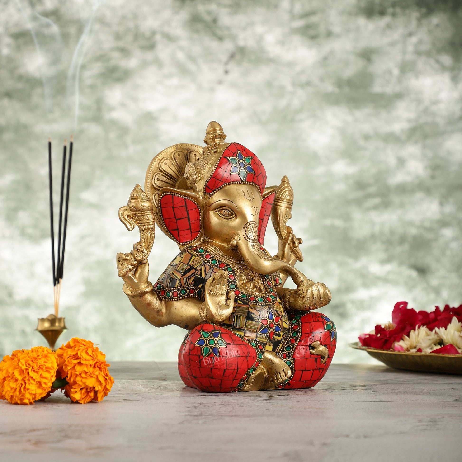 Brass Ganapati Idol with Sharp Features - 8 Inch
