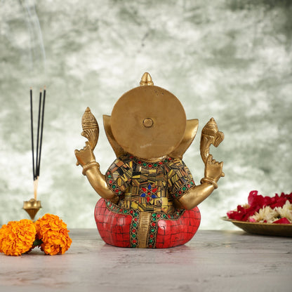 Brass Ganapati Idol with Sharp Features - 8 Inch