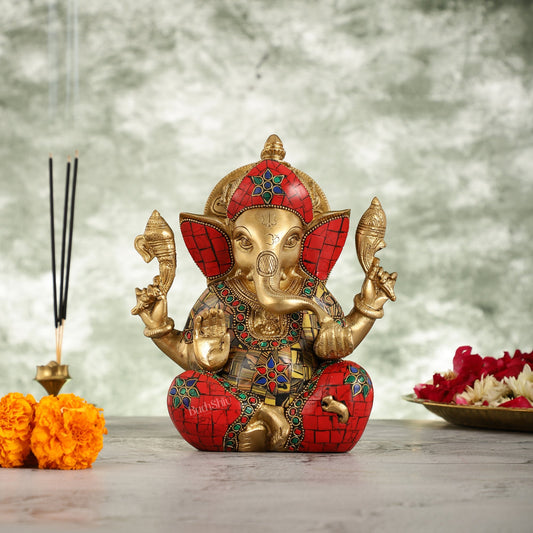 Brass Ganapati Idol with Sharp Features - 8 Inch