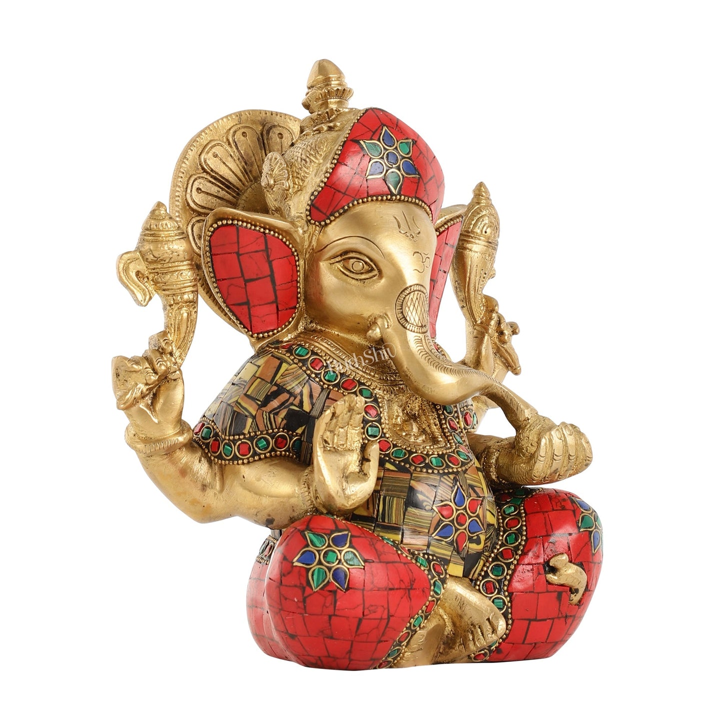 Brass Ganapati Idol with Sharp Features - 8 Inch