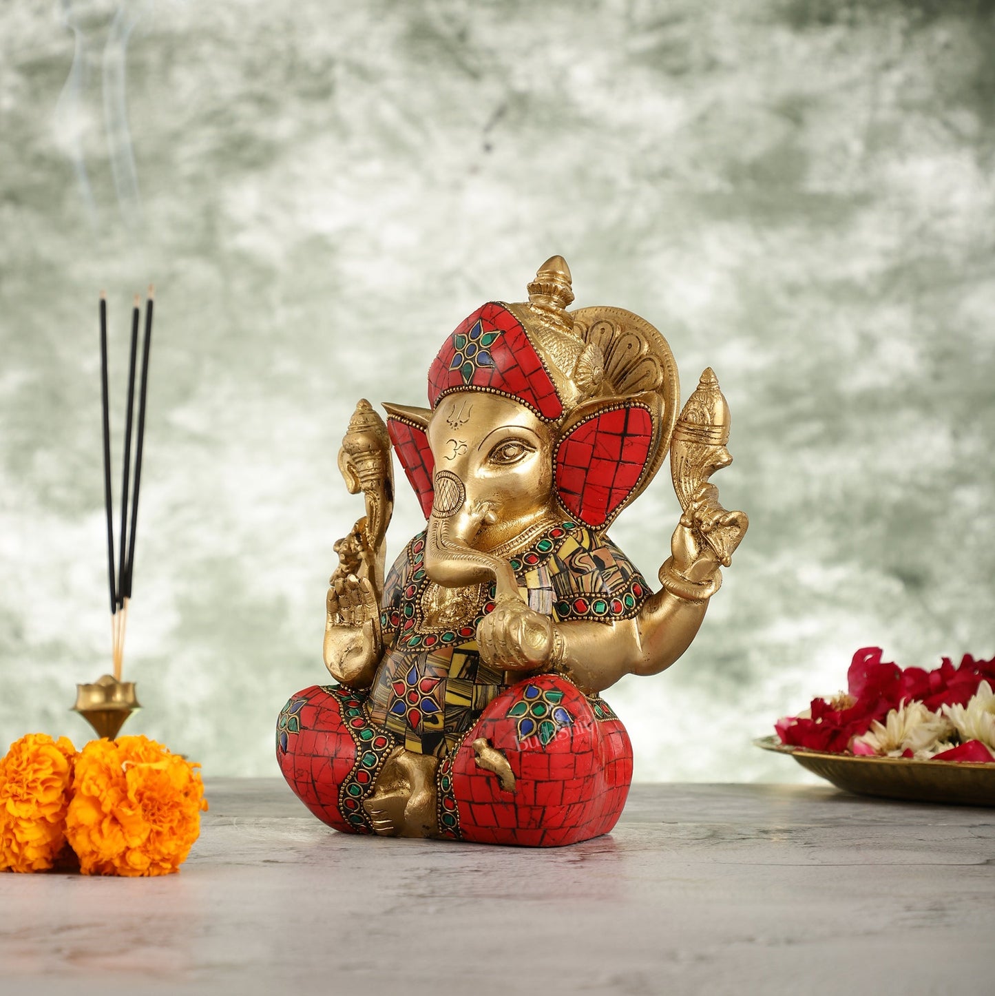 Brass Ganapati Idol with Sharp Features - 8 Inch