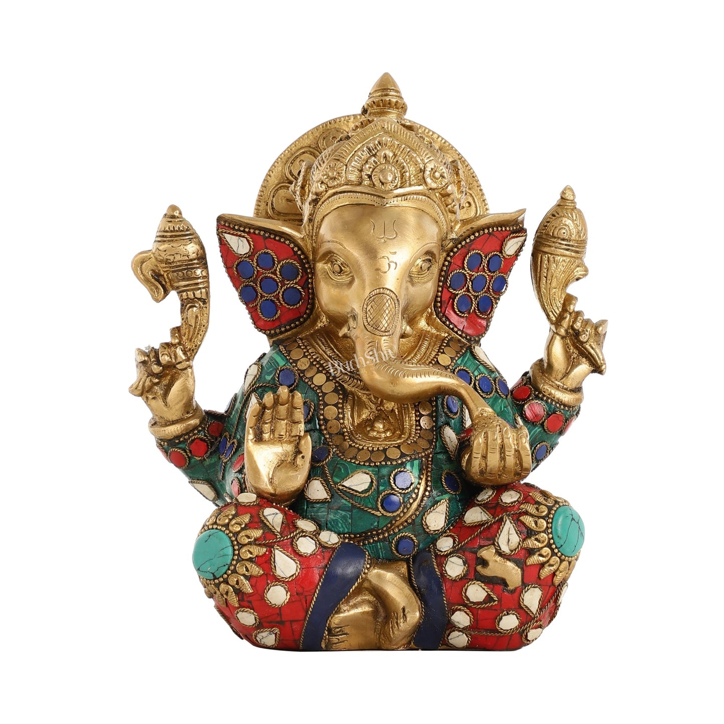 Brass lord Ganesha Idol with Sharp Features - 8 Inch