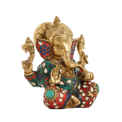 Brass lord Ganesha Idol with Sharp Features - 8 Inch