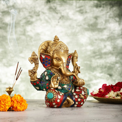 Brass lord Ganesha Idol with Sharp Features - 8 Inch