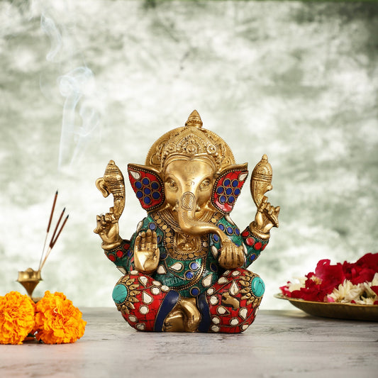 Brass lord Ganesha Idol with Sharp Features - 8 Inch