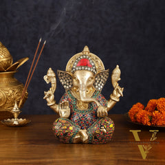 Brass Taj Ganesha Idol with Stonework - 8" Height, Divine Artistry
