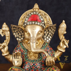 Brass Taj Ganesha Idol with Stonework - 8" Height, Divine Artistry