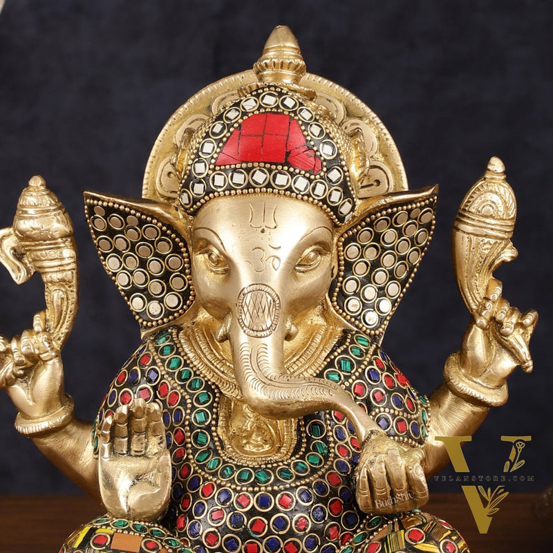 Brass Taj Ganesha Idol with Stonework - 8" Height, Divine Artistry