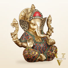 Brass Taj Ganesha Idol with Stonework - 8" Height, Divine Artistry