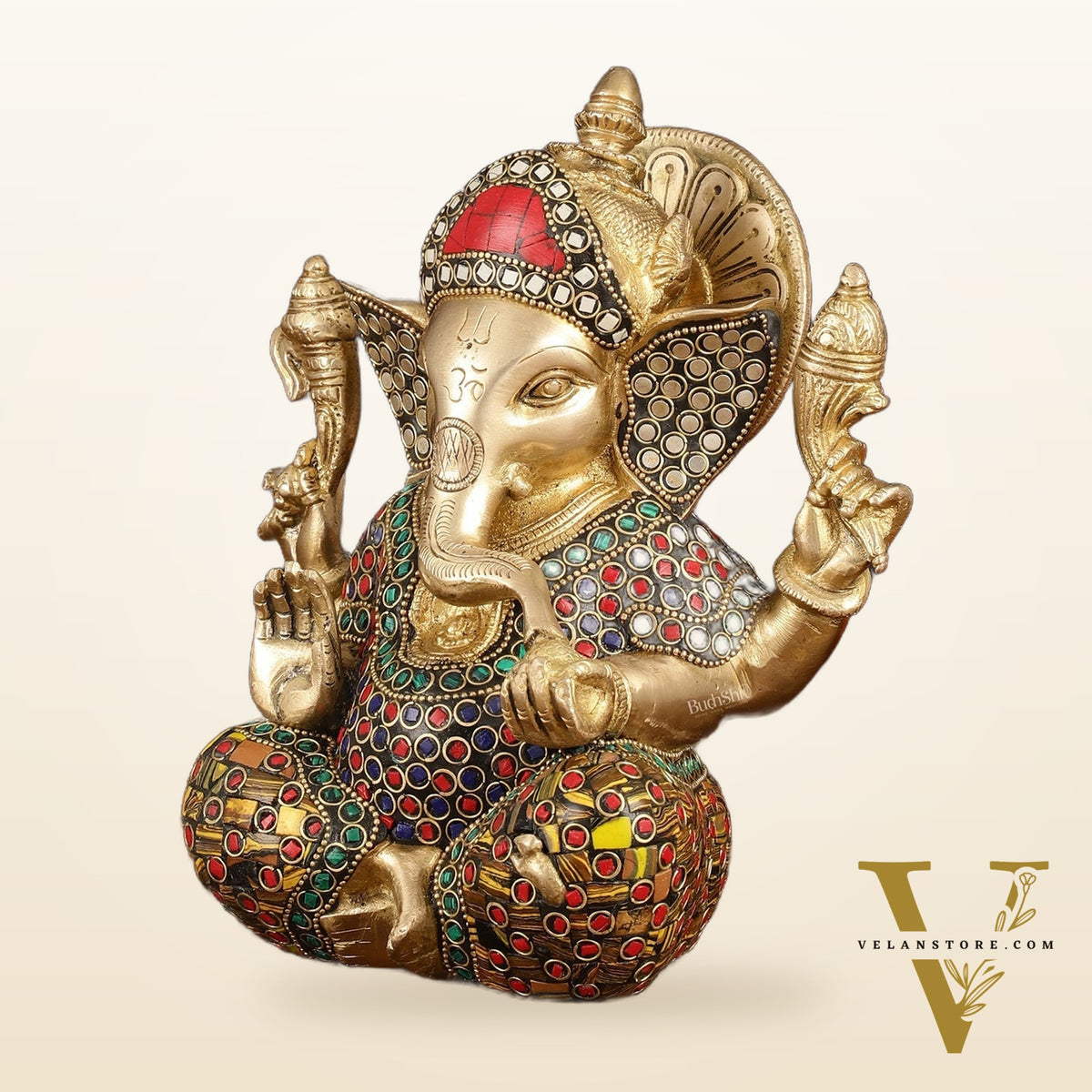 Brass Taj Ganesha Idol with Stonework - 8" Height, Divine Artistry