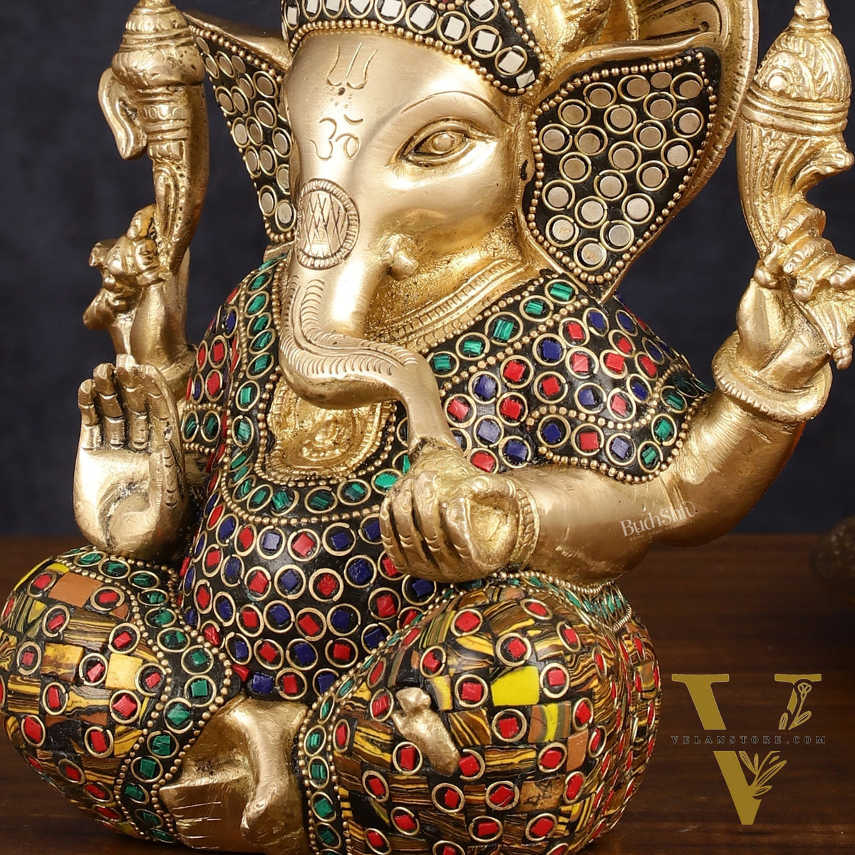 Brass Taj Ganesha Idol with Stonework - 8" Height, Divine Artistry