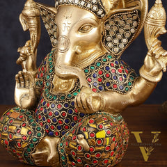 Brass Taj Ganesha Idol with Stonework - 8" Height, Divine Artistry