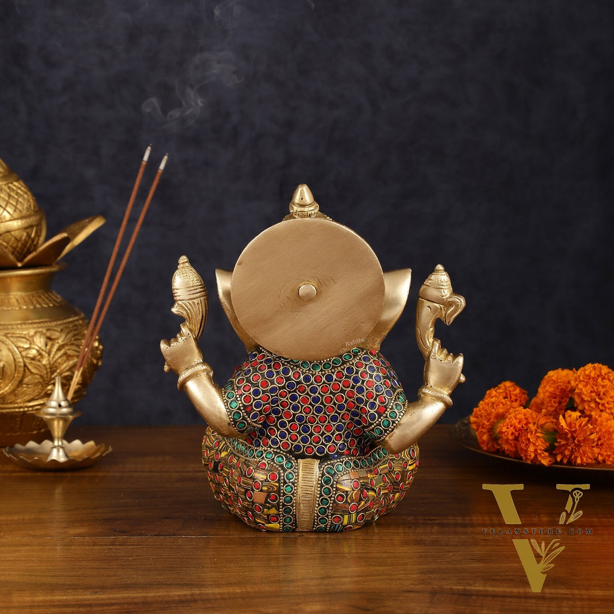 Brass Taj Ganesha Idol with Stonework - 8" Height, Divine Artistry