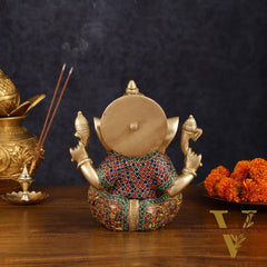 Brass Taj Ganesha Idol with Stonework - 8" Height, Divine Artistry