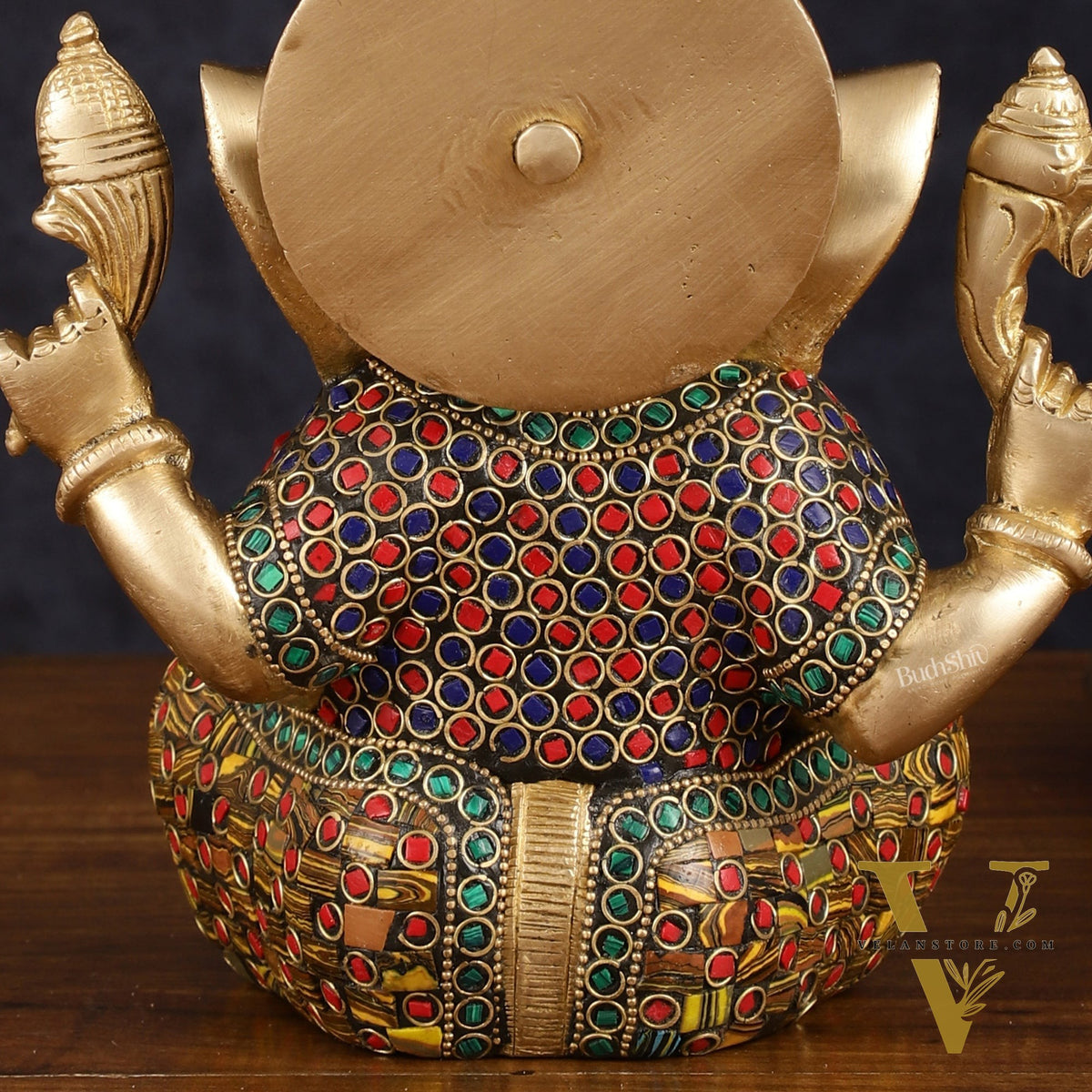 Brass Taj Ganesha Idol with Stonework - 8" Height, Divine Artistry