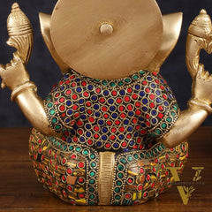 Brass Taj Ganesha Idol with Stonework - 8" Height, Divine Artistry
