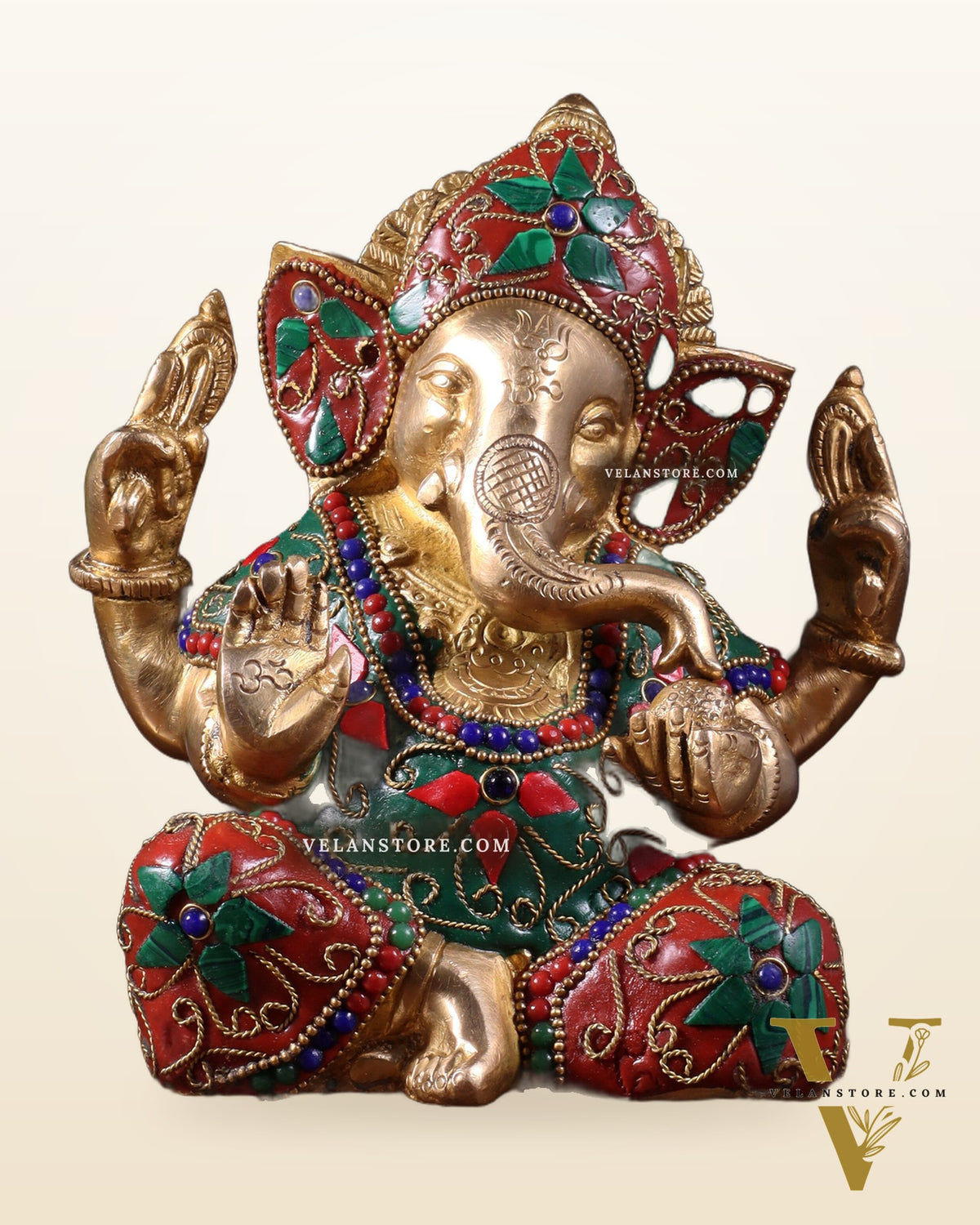 Brass Taj Ganesha Idol with Stonework | Height 7 inch