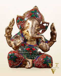 Brass Taj Ganesha Idol with Stonework | Height 7 inch