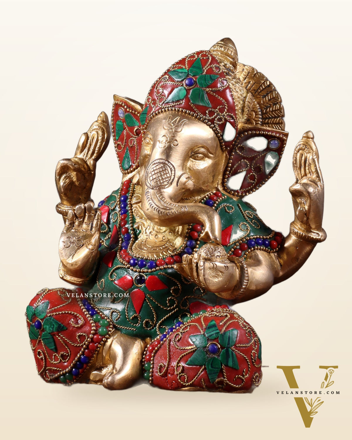 Brass Taj Ganesha Idol with Stonework | Height 7 inch