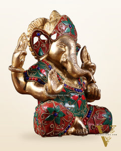 Brass Taj Ganesha Idol with Stonework | Height 7 inch