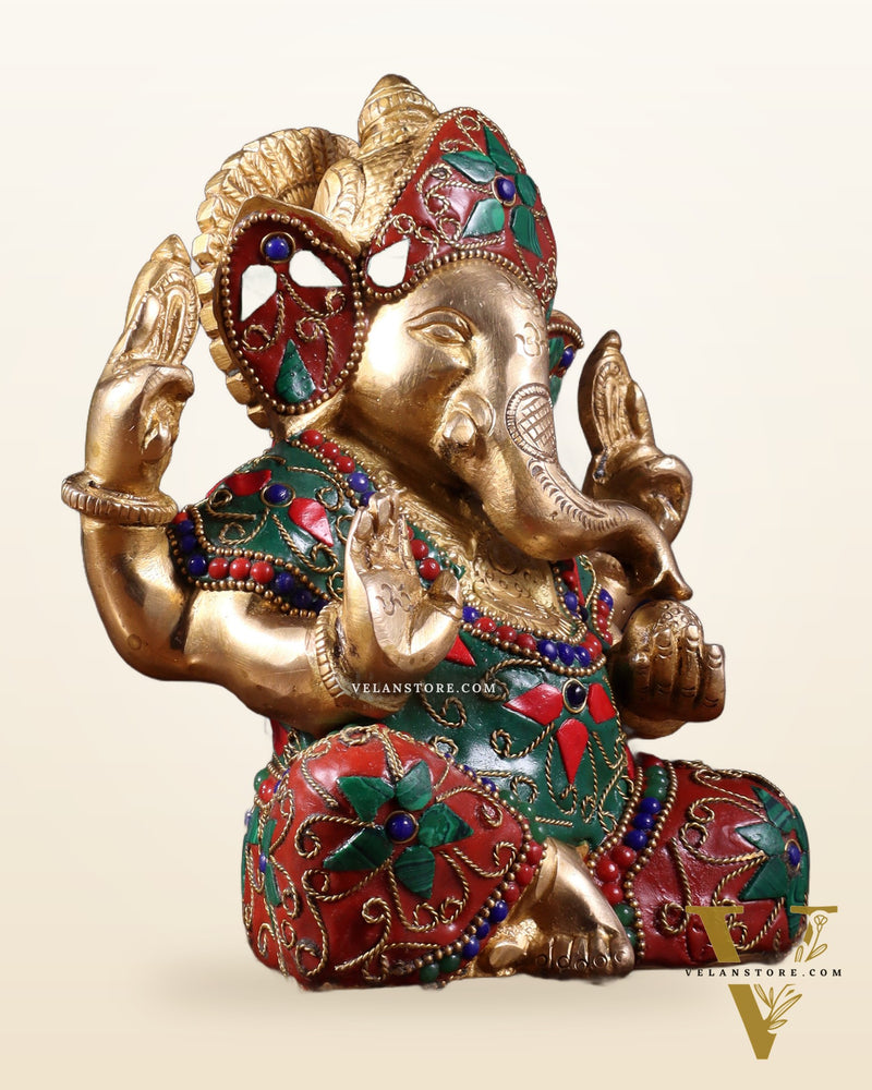 Brass Taj Ganesha Idol with Stonework | Height 7 inch