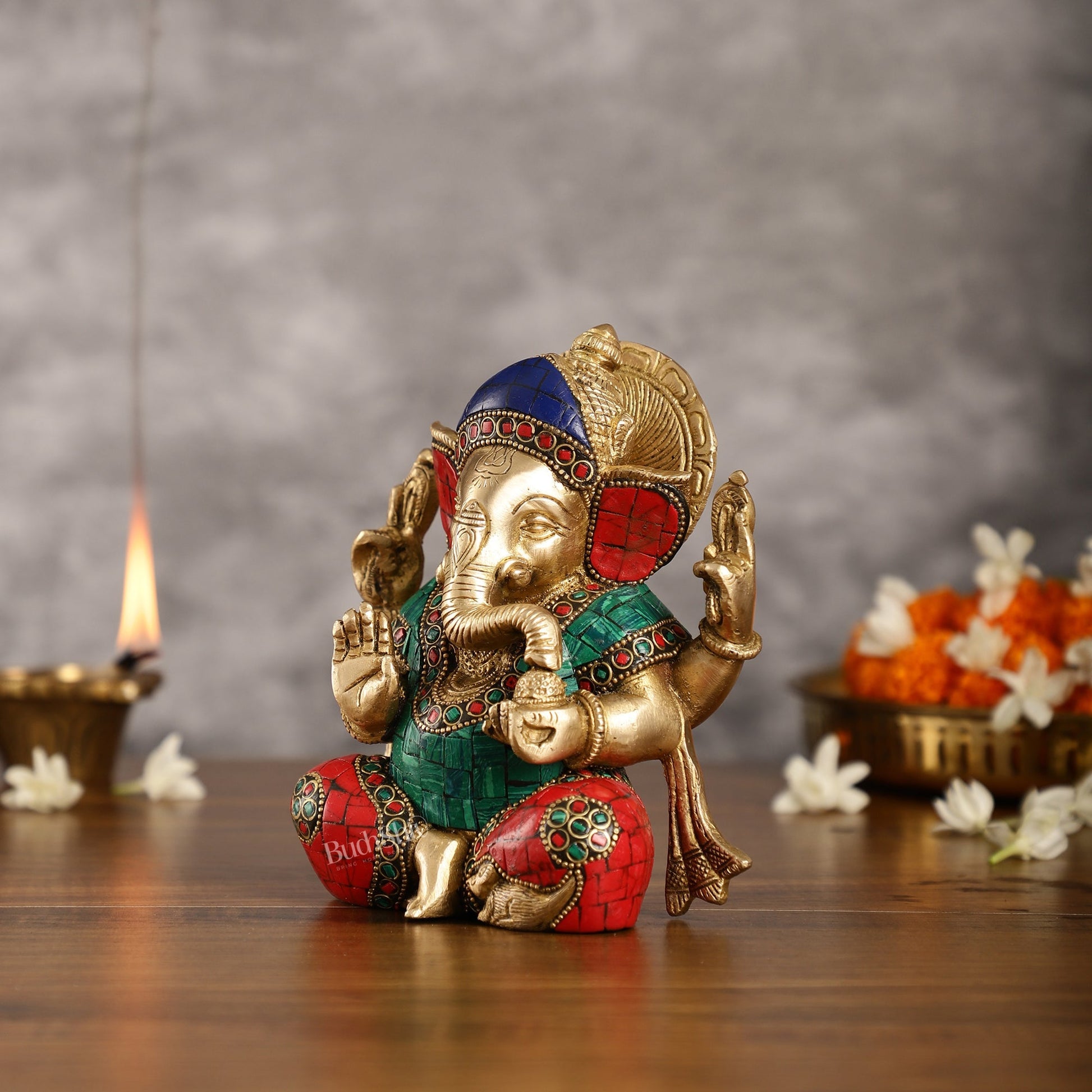 Brass Taj Ganesha Idol with Stonework | Height 7 inch
