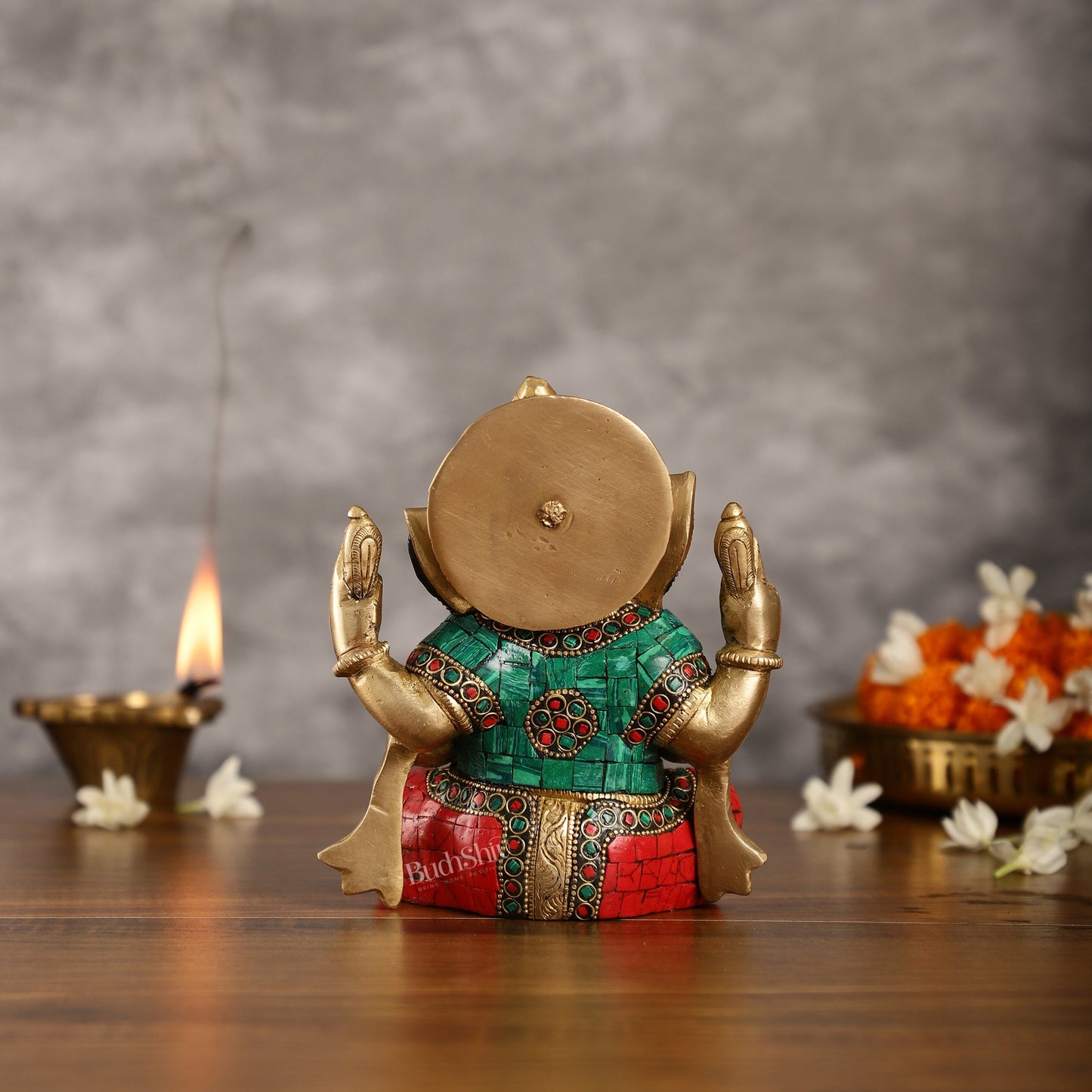 Brass Taj Ganesha Idol with Stonework | Height 7 inch