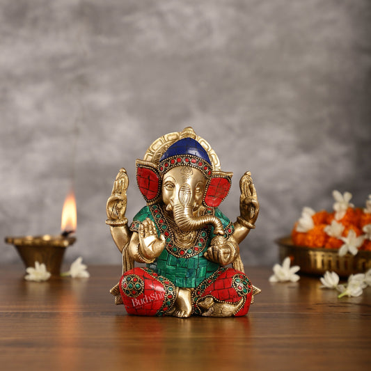 Brass Taj Ganesha Idol with Stonework | Height 7 inch