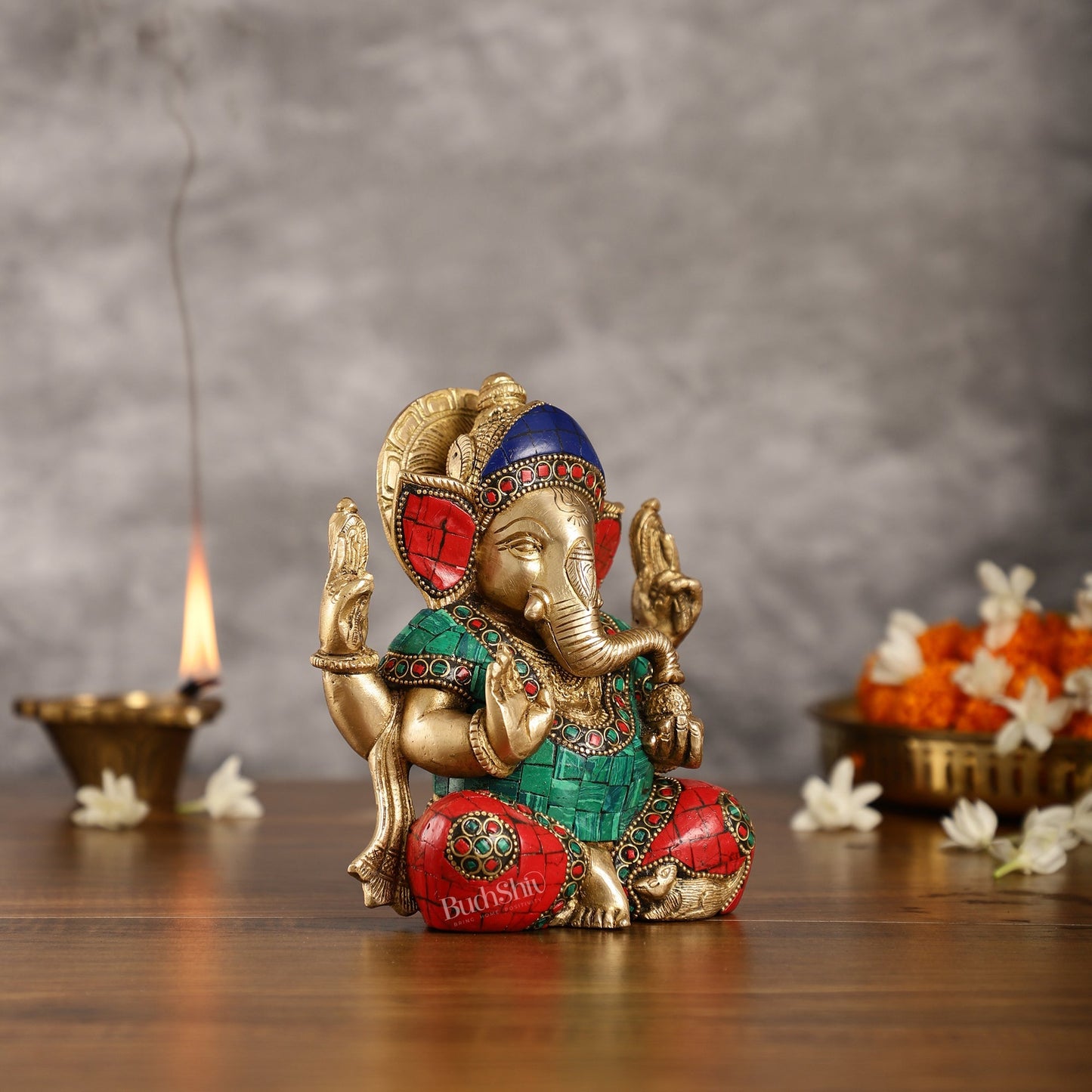 Brass Taj Ganesha Idol with Stonework | Height 7 inch