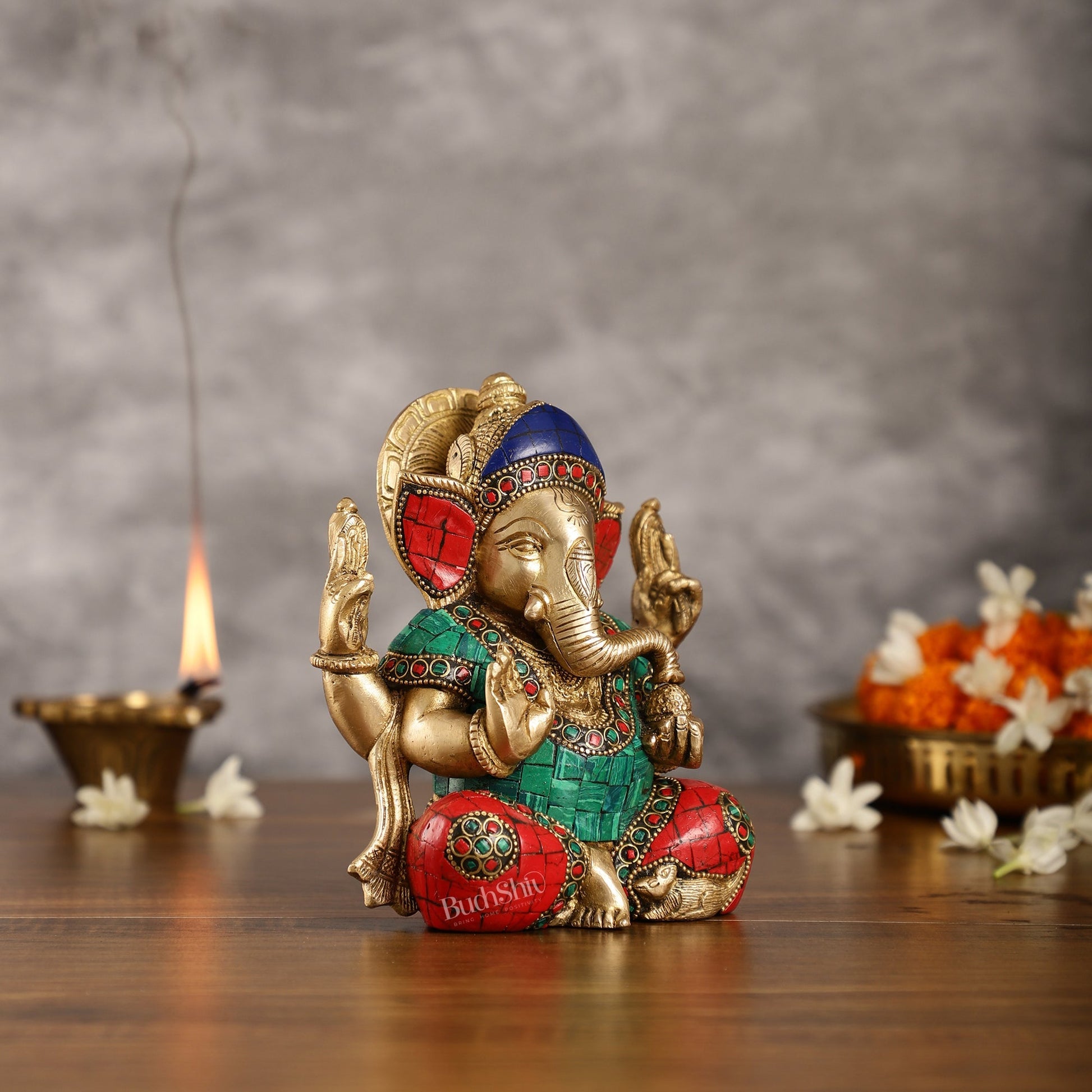 Brass Taj Ganesha Idol with Stonework | Height 7 inch