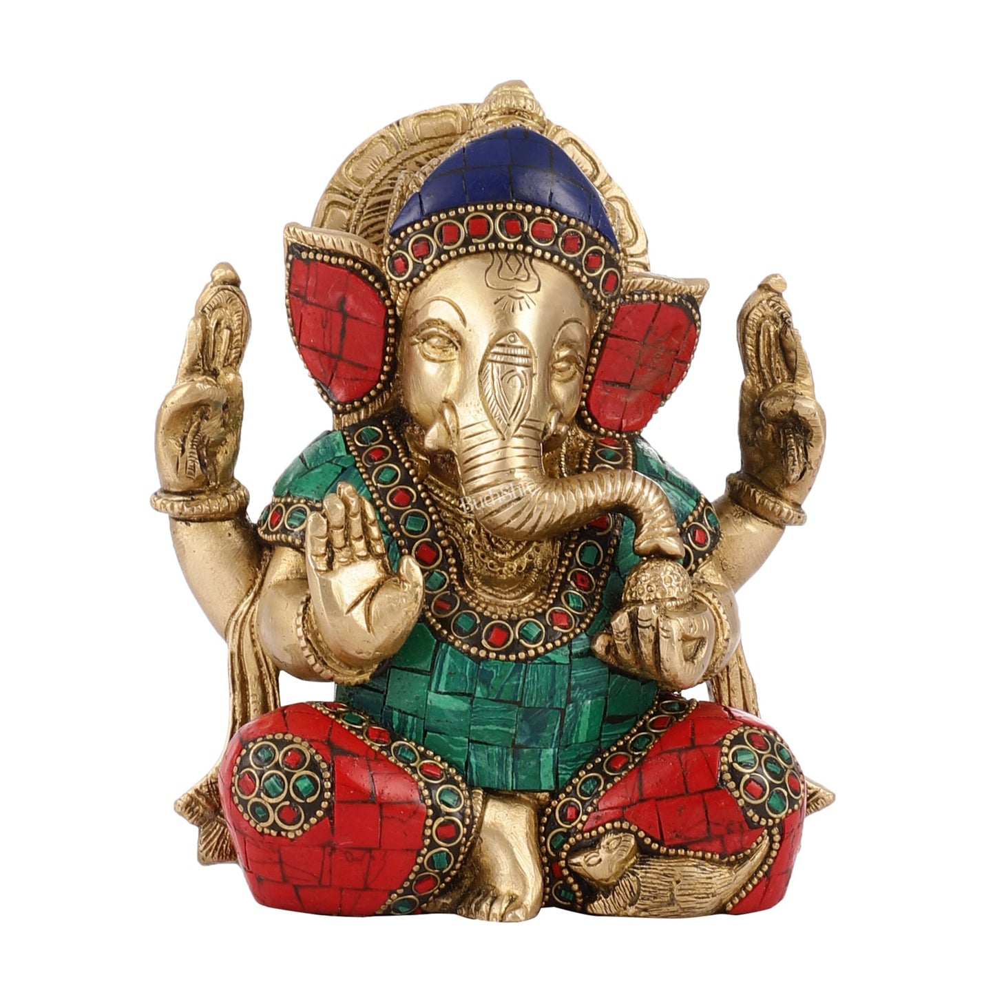 Brass Taj Ganesha Idol with Stonework | Height 7 inch