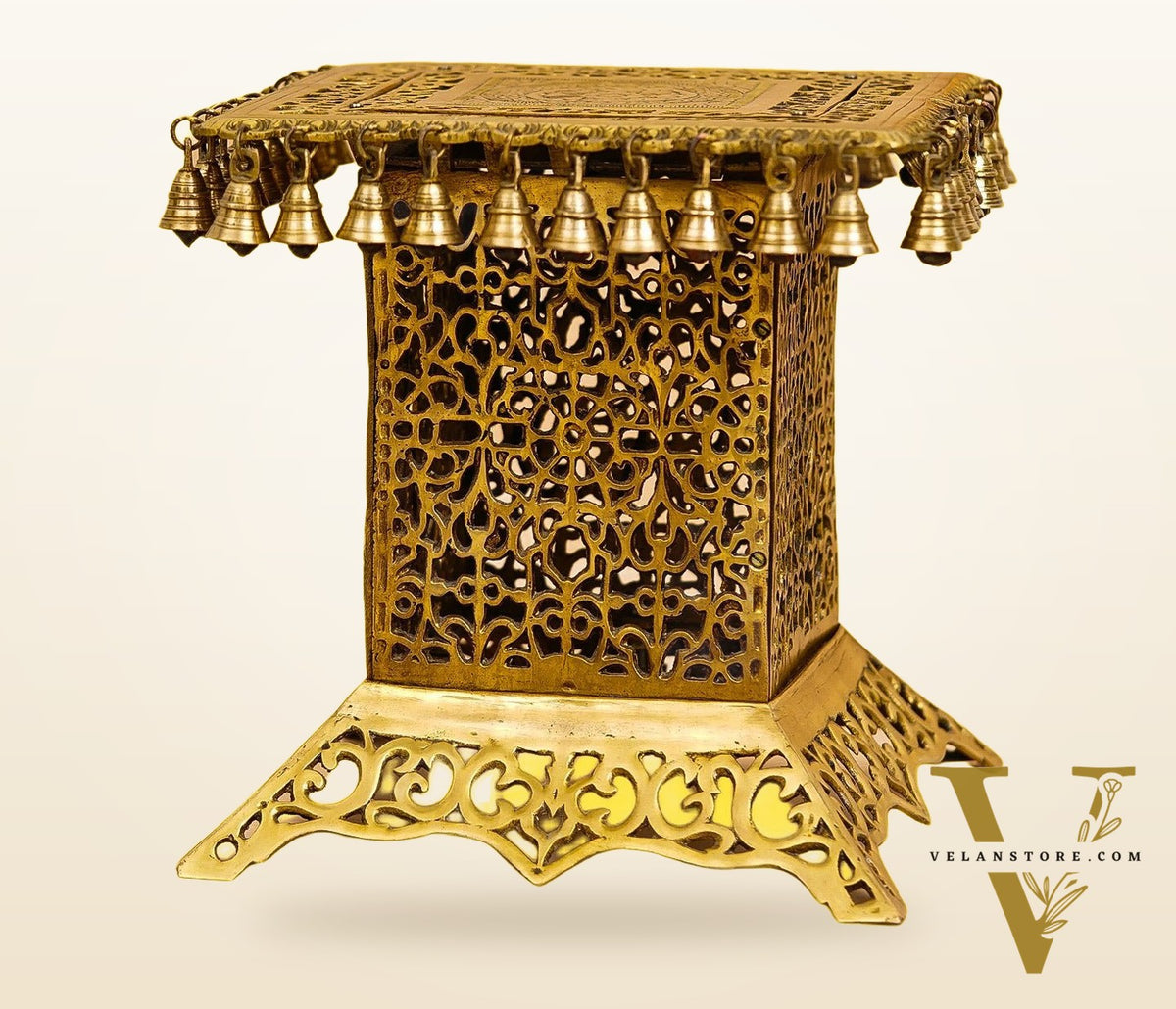 Brass Tall Chowki | Brass Chowki Stand with bells | 15"