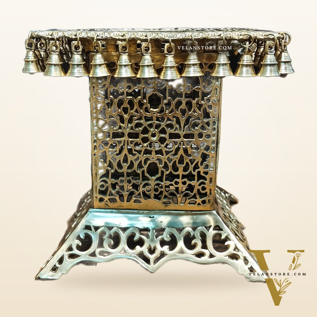 Brass Tall Chowki | Brass Chowki Stand with bells | 15"