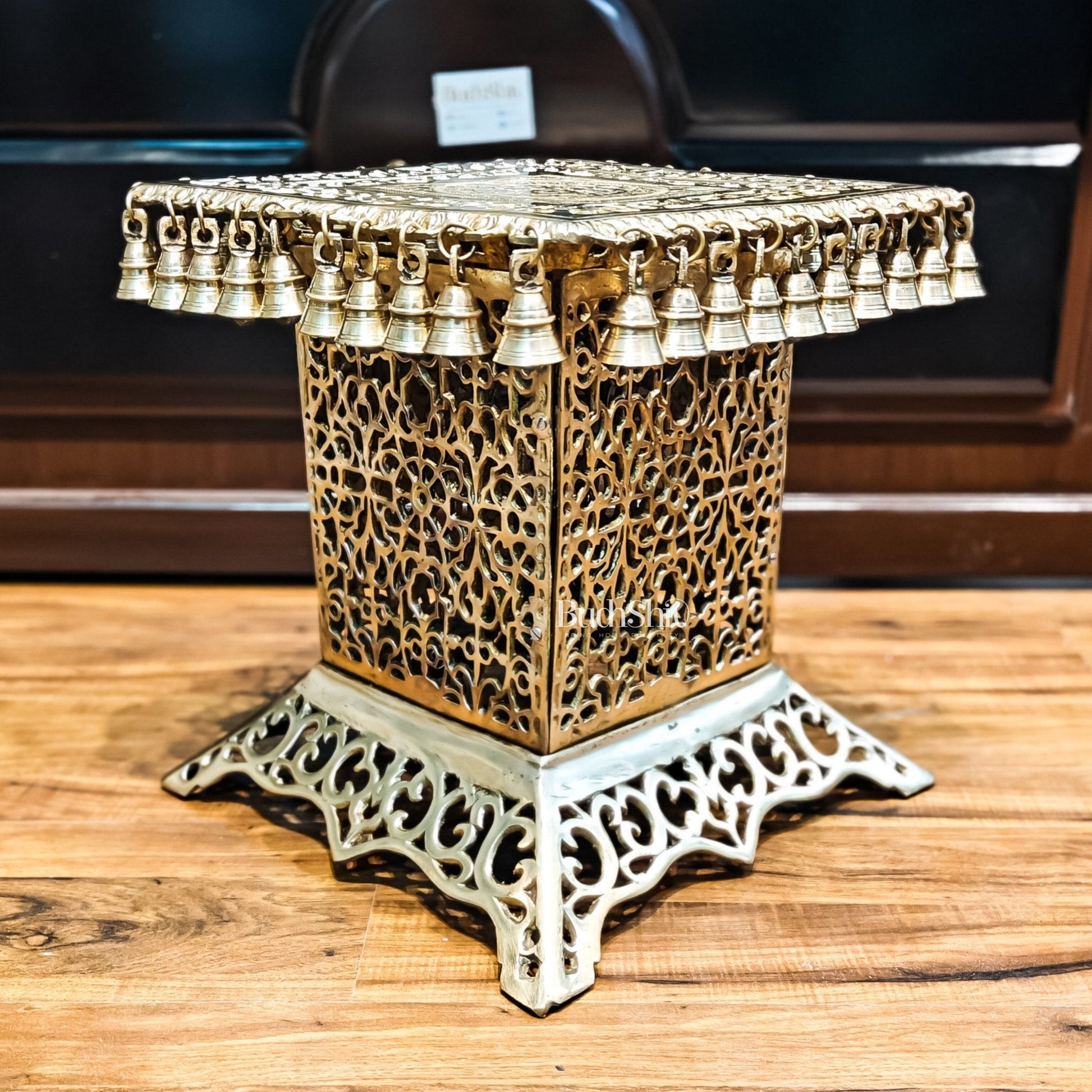 Brass Tall Chowki | Brass Chowki Stand with bells | 15"