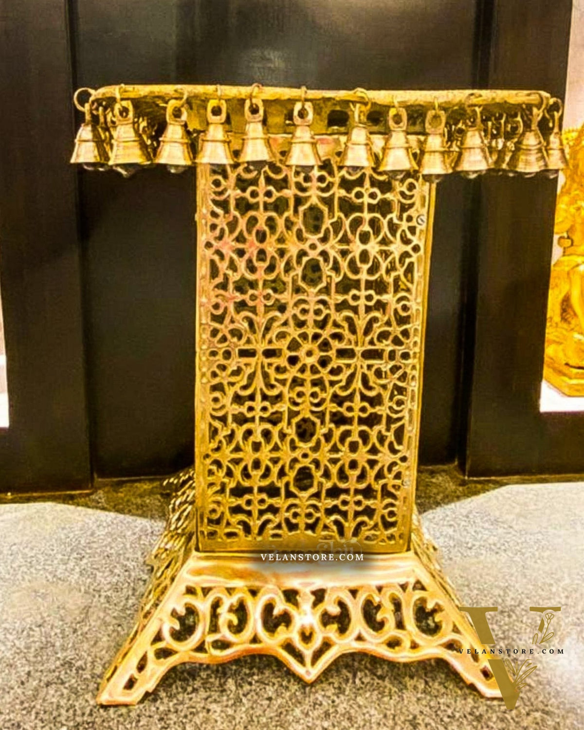 Brass Tall Chowki | Brass Chowki Stand with bells | 21"
